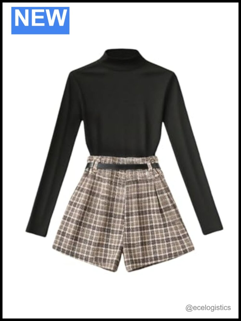Mock Neck Long Sleeve Top & Plaid Shorts 2 Piece Outfit Set